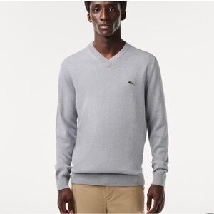 LACOSTE Mens V Neck Cotton Sweater Classic Fit Marled Jersey Grey Sz M
